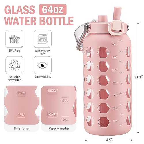 64oz Glass Water Bottle with Straw and Lid