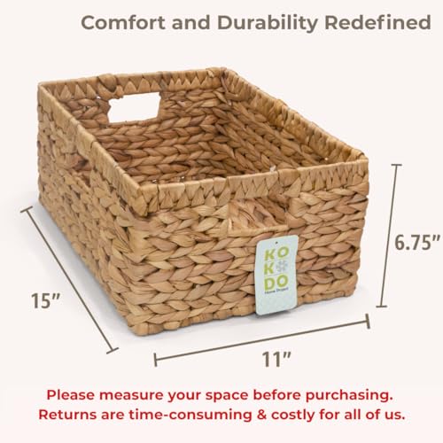 KOKODO 15”L x 11”W Large Rectangular Water Hyacinth Wicker Storage Basket with Handles