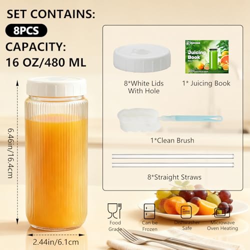 8pack Stripe 16oz Glass Juice Bottles with Lids & Straws & Juicing Recipe (10 Count)