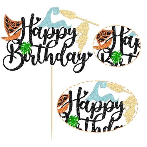 1Pcs Summer Cake Topper Glitter Tree Flower Happy Birthday Cake Pick Decoration for Tropical Hawaiian Luau Theme Baby Shower Kids Birthday Party Cake Decorations Supplies Black