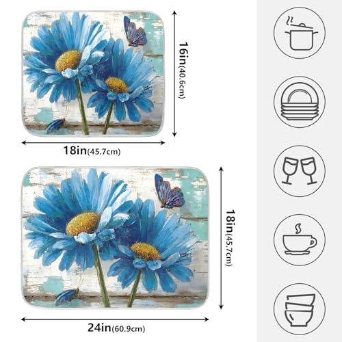 Rustic Daisy Blue on Vintage Wooden Dish Drying Mat for Kitchen Counter Absorbent Microfiber Small Drying Pad Dish Mats for Kitchen Countertops 16 x 18 Inch