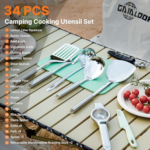 Camping Cooking Utensils Set 34 PCS Camp Kitchen Cookware Kit with Organizer Bag (34 Count)