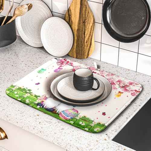 Easter Gnome Dish Drying Mat Floral Eggs Bunny Kitchen Drainer Mat 16x18 inch Absorbent Holiday Fast Dry Pad Protector for Counter Tabletop