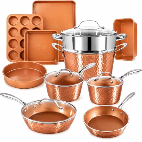 Hammered 15Pc Pots and Pans Set Non Stick Ceramic Cookware Set