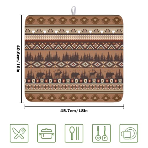 Rustic Bear Deer Dish Drying Mat Boho Ethnic Drainer Rack Pad 16x18 Inch Microfiber Absorbent Dish Sink Mat for Counter Kitchen Tableware