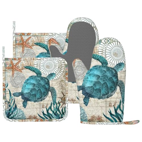 Sea Turtle Ocean Animal Landscape Oven Mitts and Pot Holders Sets Silicone Sea Turtle Kitchen Mitts Potholders Heat Resistant 4Pcs Oven Gloves Hot Pads for Kitchen Grilling (4 Count)