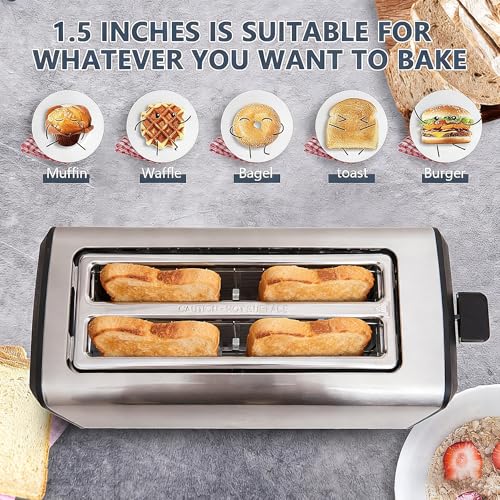4 Slice Long Slot Stainless Steel Toaster with Extra Wide 1.5” Slots