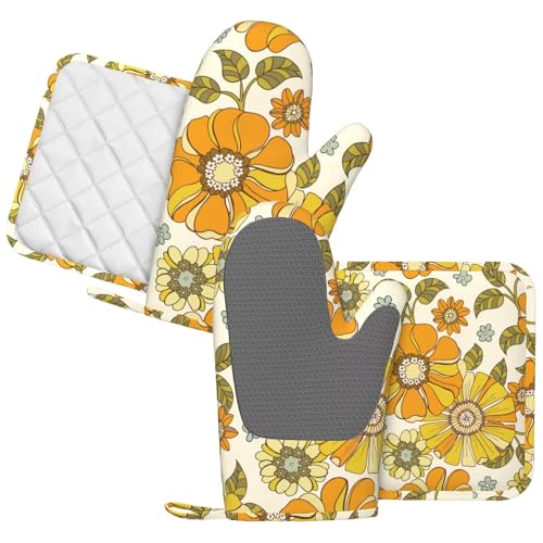 Retro 70s Style Flower Oven Mitts and Pot Holders Sets Silicone Kitchen Mitts Potholders Heat Resistant 4Pcs Oven Gloves Hot Pads for Kitchen Baking Cooking BBQ Grilling (4 Count)
