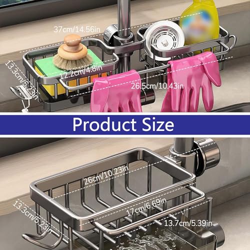 Kitchen Sink Faucet Organizer Multifunction Sponge Holder Organizer Sink Drain Holder Over Faucet Kitchen Sink Caddy with Hook Adjustable for 0.7