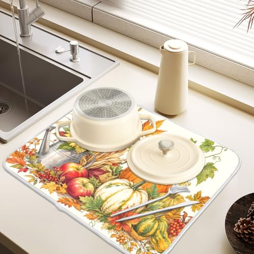 Autumn Fall Harvest Pumpkins Dish Drying Mat for Kitchen Counter Absorbent Microfiber Small Drying Pad Dish mats for Kitchen Countertops 16 x 18 Inch