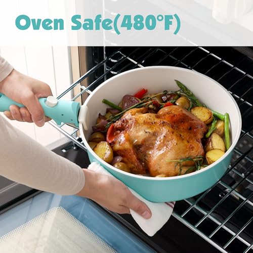 24 Piece Ceramic Detachable Handle Pots and Pans Set Turquoise