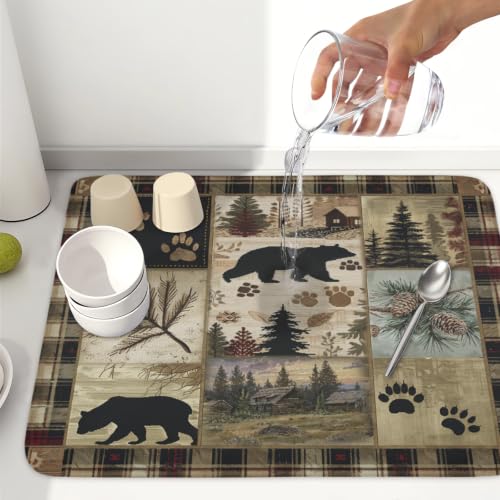 Black Bear Dish Drying Mat Forest Cabin Decorative Dishes Pad 18x24 Inch Absorbent Fast Dry Dish Drainer Rack Mats for Kitchen Counter Sink