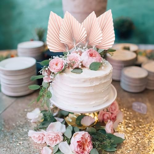 6Pcs Paper Palm Fan Cake Toppers Palm Leaf Fan Cake Topper Palm Spear Leaf Cupcake Toppers Cake Insert Decoration For Cake Decorating Diy Craft Project Home Wedding Party Supplies Pink (6 Count)