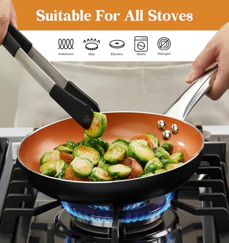 10in Copper Nonstick Frying Pans with Lids and Titanium Ceramic Interior