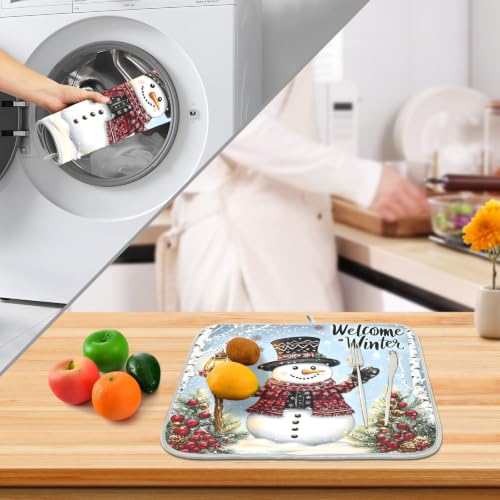 Winter Snowman Christmas Dish Drying Mat for Kitchen Counter Absorbent Microfiber Small Drying Pad Dish mats for Kitchen Countertops 16 x 18 Inch