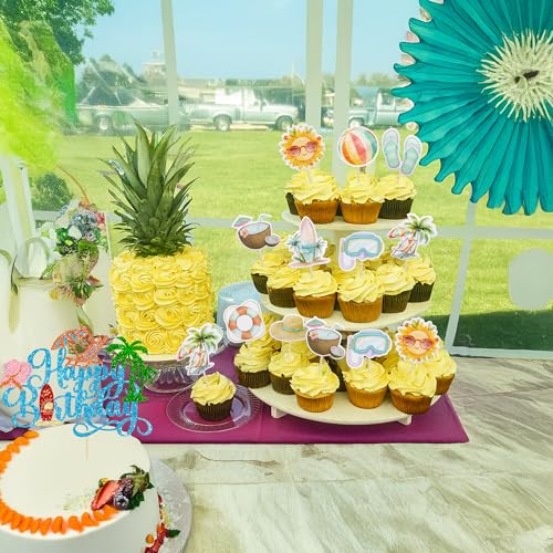 37Pcs Summer Beach Pool Cupcake Toppers Glitter Beach Happy Birthday Cake Topper Ball Sun Umbrella Water Gun Cupcake Picks for Tropical Hawaii Theme Birthday Party Decorations Supplies Blue (37 Count)
