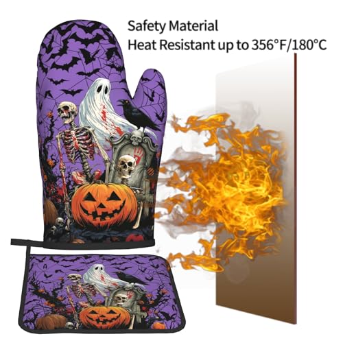 Halloween Pumpkin Oven Mitts and Pot Holder Set of 2 Spooky Ghost Bat Heat Resistant Kitchen Gloves Hot Pad for Baking Cooking Grilling BBQ