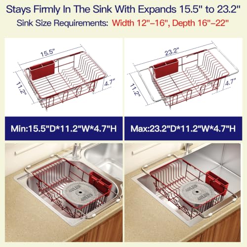 Red Expandable Dish Drying Rack Over Sink with Extra Drainboard