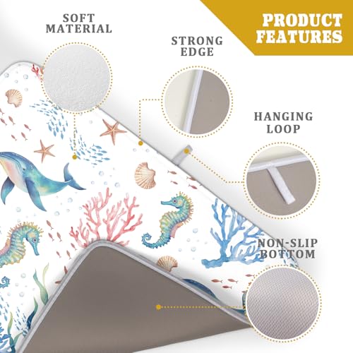 Coastal Ocean Dish Drying Mat Seahorse Whales Drainer Rack Mats 18"x24" Absorbent Microfiber Dish Drying Pad Protector for Kitchen Counter