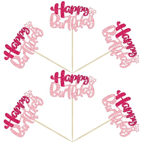 24Pcs Happy Birthday Cupcake Toppers Double Layer Glitter Happy Birthday Cake Decorations for Celebrating Baby Shower Theme Kids Boys Girls Birthday Anniversary Party Supplies Rose Red Pink (24 Count)