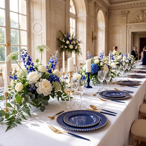 100PCS Navy Blue Plastic Plates with Gold Trim for Party Banquets (100 Count)