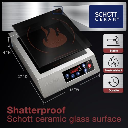Portable Induction Cooktop 1800W NSF Certified Commercial Range Powerful Countertop Burner Pro Chef Professional Hot Plate Premium Stainless Steel Housing Schott Glass 10 Hours Timer