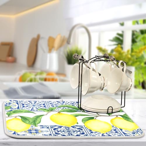 Lemon Blue Tiles Dish Drying Mat for Kitchen Counter Absorbent Microfiber Drying Pad