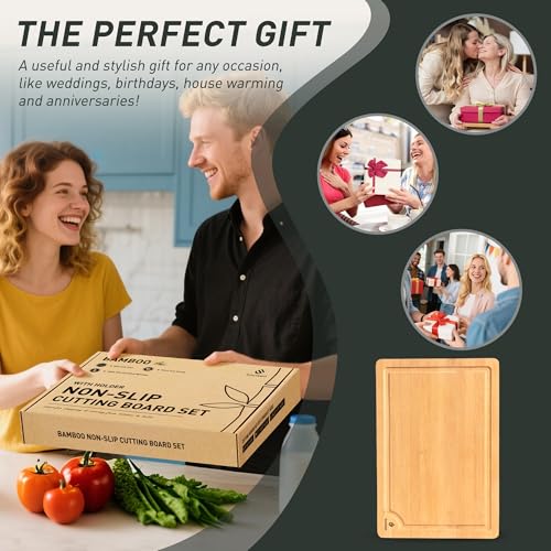 Bamboo Cutting Board Set Non Slip Feet with Holder Over Sink Kitchen Gadgets Charcuterie & Chopping Board Apartment Essentials New Home Must Haves Things Stuff Accessories House Housewarming Gifts (3 Count)