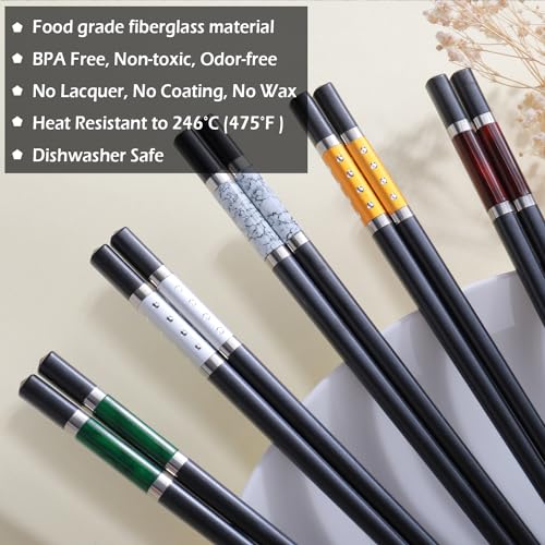 5 Pairs Premium Chopsticks Reusable Dishwasher Safe 9.5 Inch Fiberglass Chop Sticks Gift Set Non Slip Multi Color