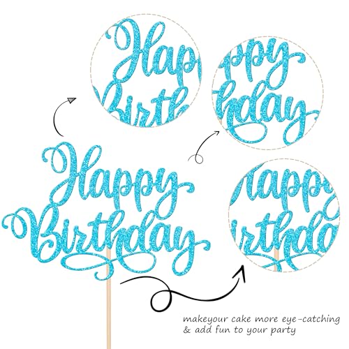 1 PCS Happy Birthday Cake Topper Glitter Cake Pick for Celebrating Anniversary Party Cake Decorations Supplies Lake Blue