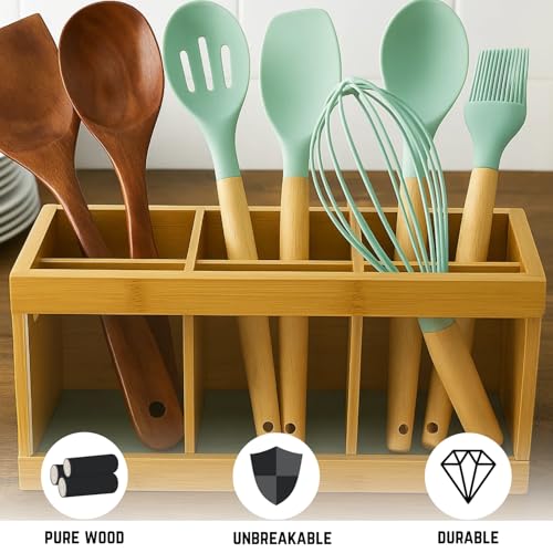 Wooden Utensil Holder Organizer with 6 Compartments