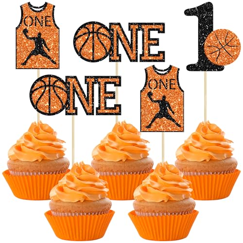 24Pcs Basketball One Cupcake Toppers Glitter Number 1 First Birthday Basketball Cupcake Picks for Sports Theme Baby Shower Kids 1st Birthday Party Cake Decorations Supplies (24 Count)