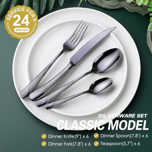 Hammered Black Silverware Set (24 Count)