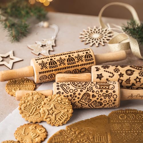 CHRISTMAS FUN 3 Kid Rolling Pin Set. Wooden Laser Cut Embossing Cut Mini Rolling Pins for Embossed Cookies. Gift for Kid