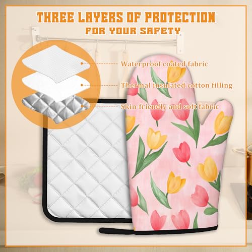Pink Tulip Oven Mitts and Pot Holders Set (4 Count)