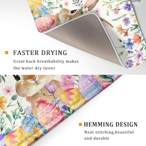 Easter Rabbit Dish Drying Mat Spring Flower Dish Drainer Rack Mats 18x24 inch Absorbent Microfiber Fast Dry Pad Kitchen Counter Accessories