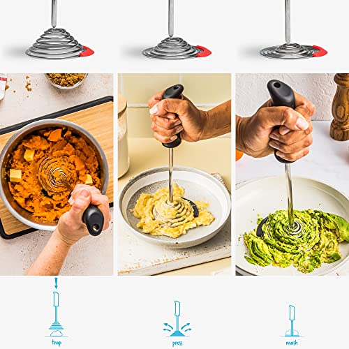 Smood | One-Handed Stainless-Steel Spring Coil Vegetable and Potato Masher with Soft Grip and Bowl Scraper | Red