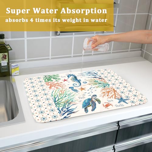 Nautical Coastal Dish Drying Mat Sea Turtle Seahorse Dish Drainer Pad 18"x24" Microfiber Reversible Fast Dry Pad for Kitchen Counter Decor