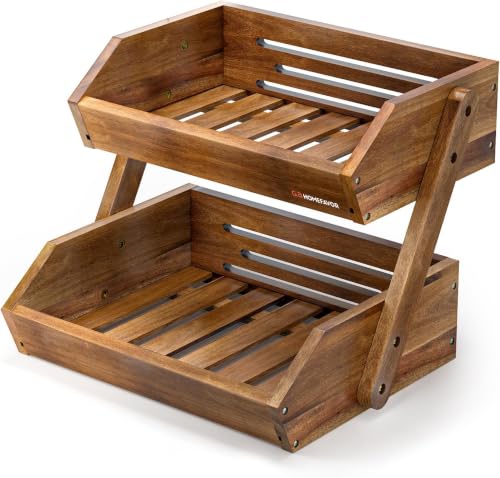 2 Tier Acacia Wood Fruit Basket for Kitchen