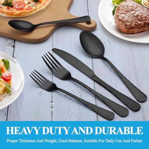 60 Pcs Black Hammered Silverware Set Service for 12 (60 Count)