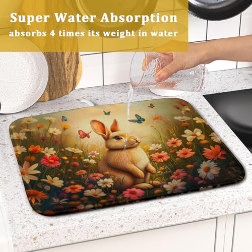 Easter Bunny Dish Drying Mat Flower Butterfly Kitchen Drainer Mat 16x18 inch Absorbent Reversible Dish Rack Pad for Counter Tabletop Decor