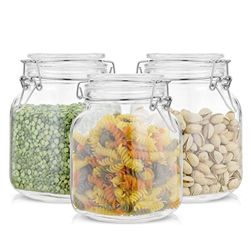 Airtight Glass Jars with Lids Set of 3. 32oz Glass Jar with Lid and 6 Silicone Seals! Med Glass Food Storage Containers. Square Mason Jar (3 Count)