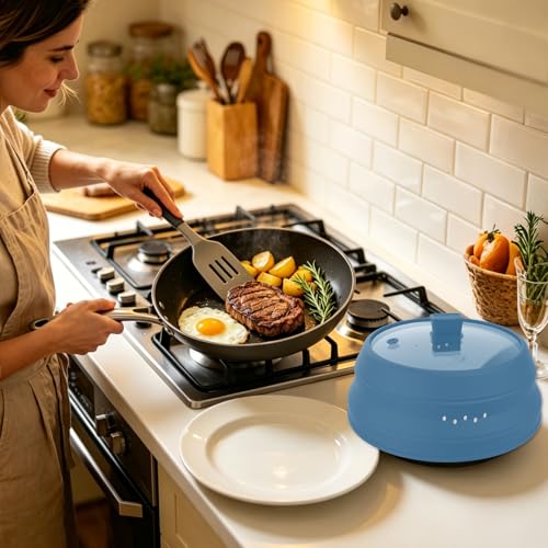 Tall Microwave Splatter Cover Glass Cover Guard Lid 6 inch Height with Collapsible Silicone for Food Pot Plate 12.5 inch Blue