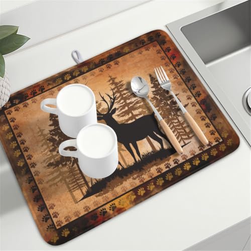 Forest Deer Dish Drying Mat Wildlife Animal Dishes Pad 18"x24" Microfiber Absorbent Fast Dry Drainer Rack Mats for Kitchen Countertop Decor