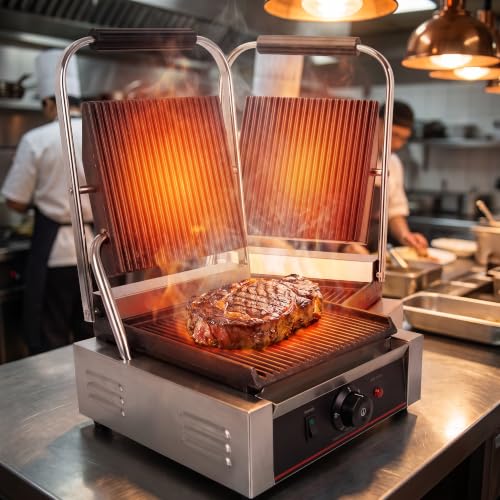 Commercial Panini Press With Grooved Grill Sandwich Maker Machine Electric Contact Grill Single