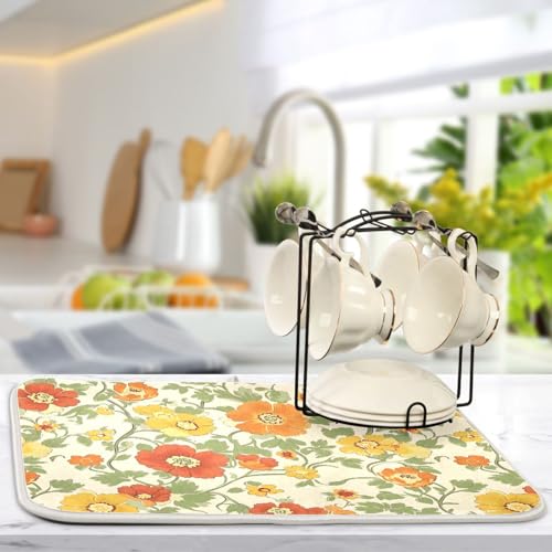 Retro Yellow Orange Flowers Dish Drying Mat for Kitchen Counter Absorbent Microfiber Drying Pad