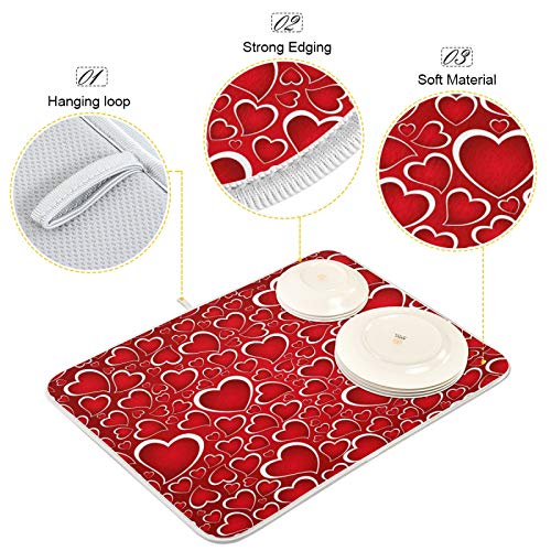 Valentines Day Red Hearts Dish Drying Mat for Kitchen Counter Absorbent Microfiber Large Drying Pad Dish mats for Kitchen Countertops 18 x 24 Inch