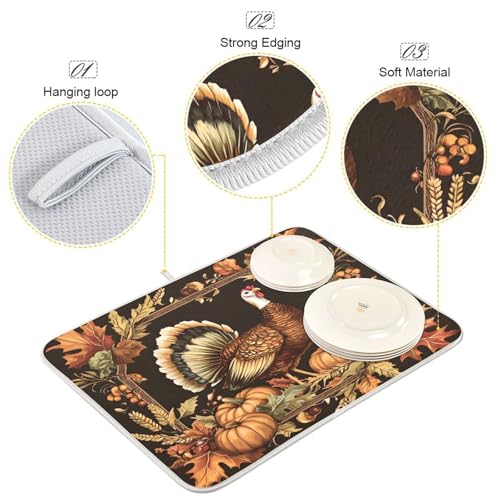 Thanksgiving Turkey Pumpkin Dish Drying Mat for Kitchen Counter Absorbent Microfiber Drying Pad