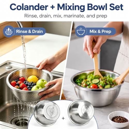 2QT Stainless Steel Colander and Mixing Bowl Set