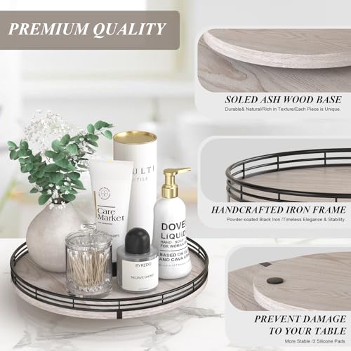 12 Inch Whitewashed Farmhouse Lazy Susan Tray with Black Metal Frame